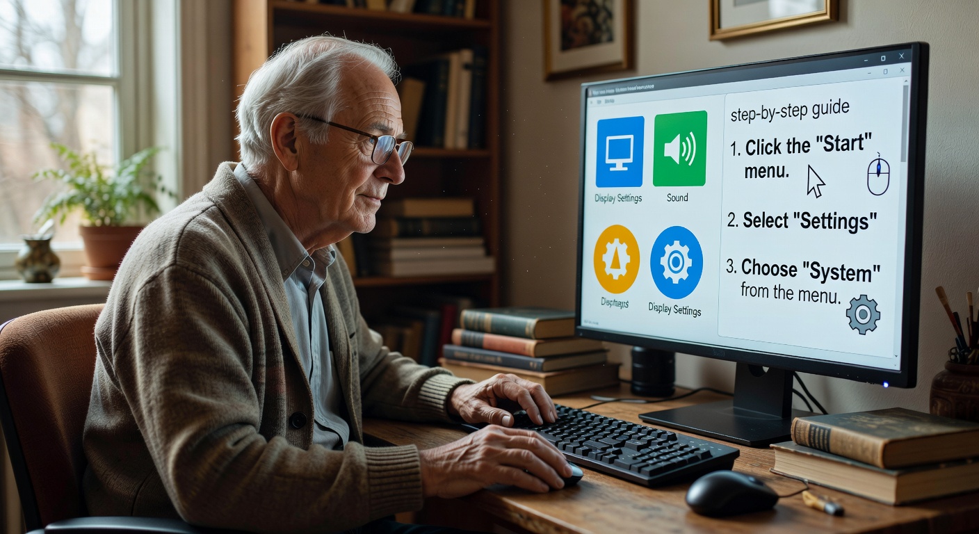 パソコン設定を確認する男性