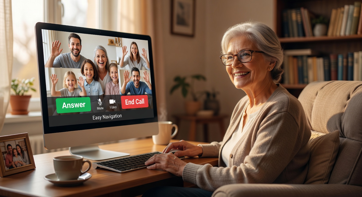家族とビデオ通話する女性